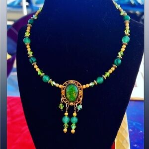 Phoenixic3 Malachite, Brass and Aventurine Beaded Pendant Necklace
